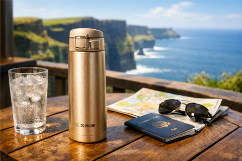 Zojirushi stainless steel travel mug on wooden table overlooking the Cliffs of Moher in Ireland, with ice water glass, passport and sunglasses – lightweight vacuum insulated bottle for summer travel UK & Ireland 2026