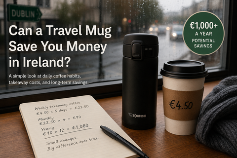 Zojirushi travel mug beside takeaway coffee in rainy Dublin setting, showing potential savings from reusable coffee mugs in Ireland.