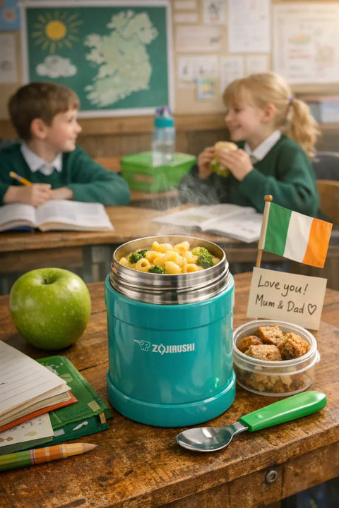 Zojirushi food flask with hot macaroni and cheese and broccoli on a school desk in an Irish classroom, showing a warm healthy lunch for schoolchildren