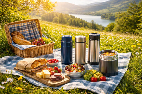 Zojirushi thermal mug, food jar and bottle on a picnic blanket during a sunny spring picnic in the Irish countryside with fresh food and scenic hills