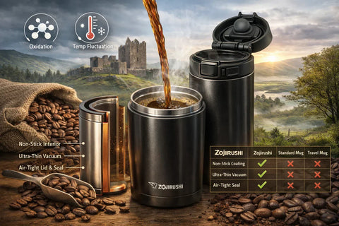 Photorealistic Zojirushi stainless steel travel mug with steam rising from freshly poured coffee, showing vacuum insulation and non-stick interior technology that preserves flavour and prevents metallic taste.