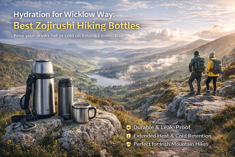 Zojirushi stainless steel thermal mugs and bottles on a rocky viewpoint overlooking the Wicklow Way mountains in Ireland during a spring hike