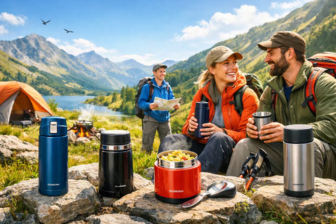 Zojirushi travel mugs and food flasks used during a hiking and camping trip, showing lightweight insulated drinkware in a bright outdoor mountain setting