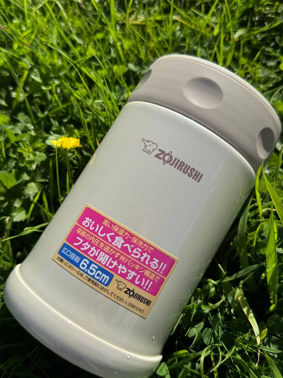 Zojirushi SW-EAE Creamy 500 ml thermal food jar, stainless steel insulated lunch container on grass outdoors.